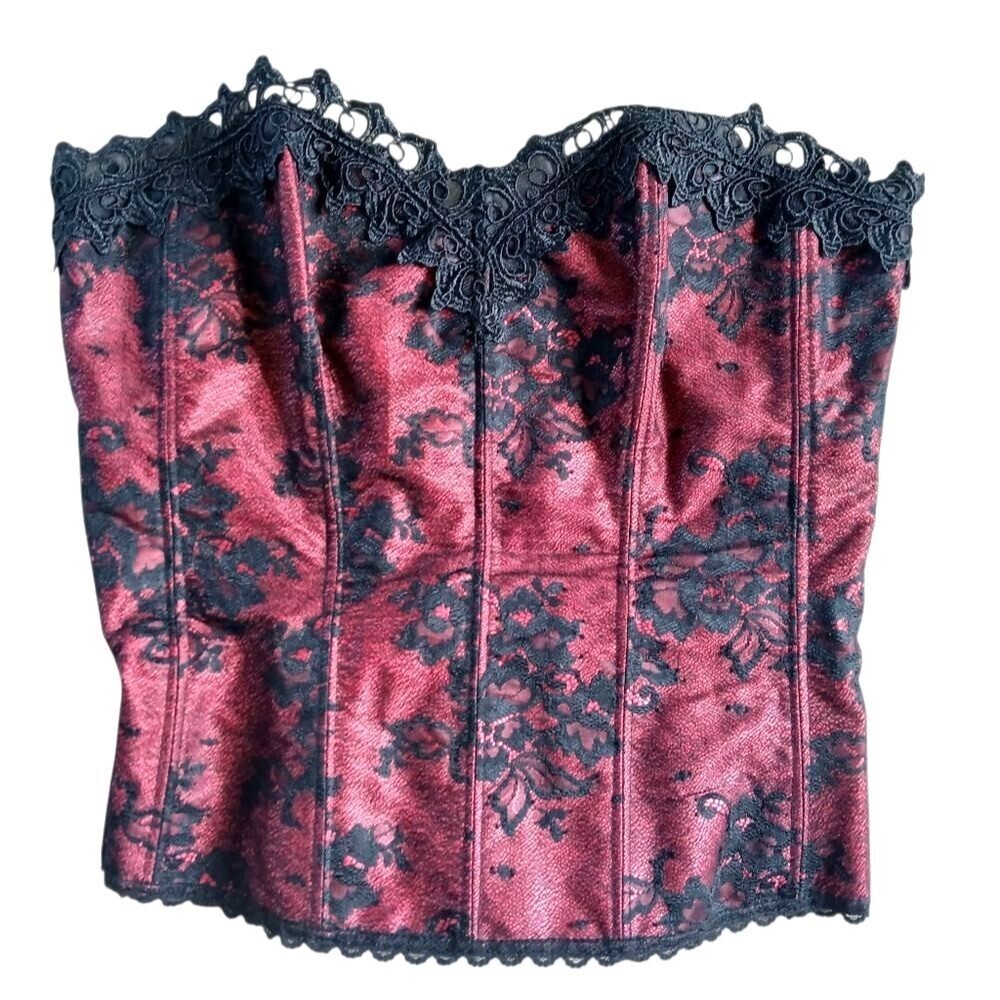 Fredericks Of Hollywood Vintage 70s Corset Bustier Whimsigoth Black Red Lace 38